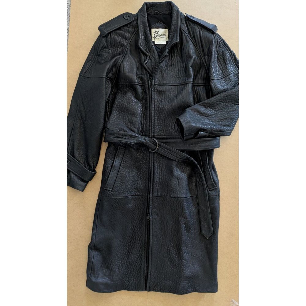 Vintage‎ Berman's 70s Belted Pebbled Leather Trench Coat Black Size 42